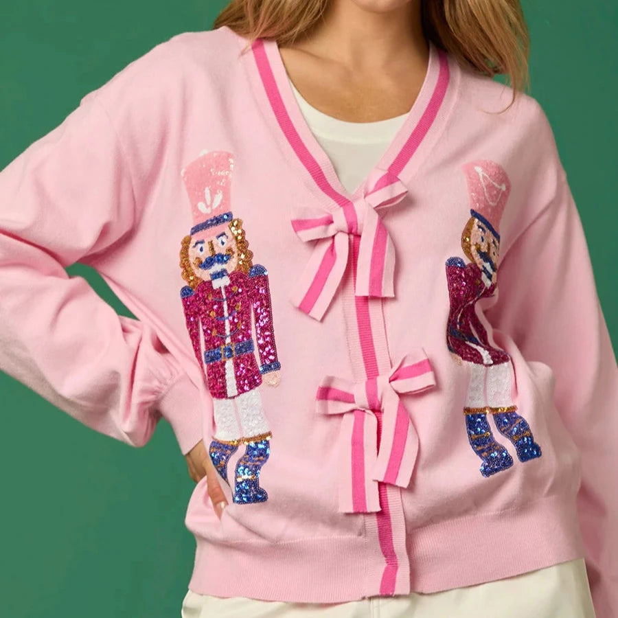 Nutcracker Sequined Bow Cardigan
