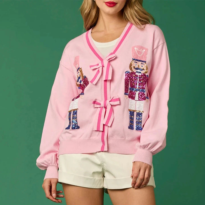 Nutcracker Sequined Bow Cardigan